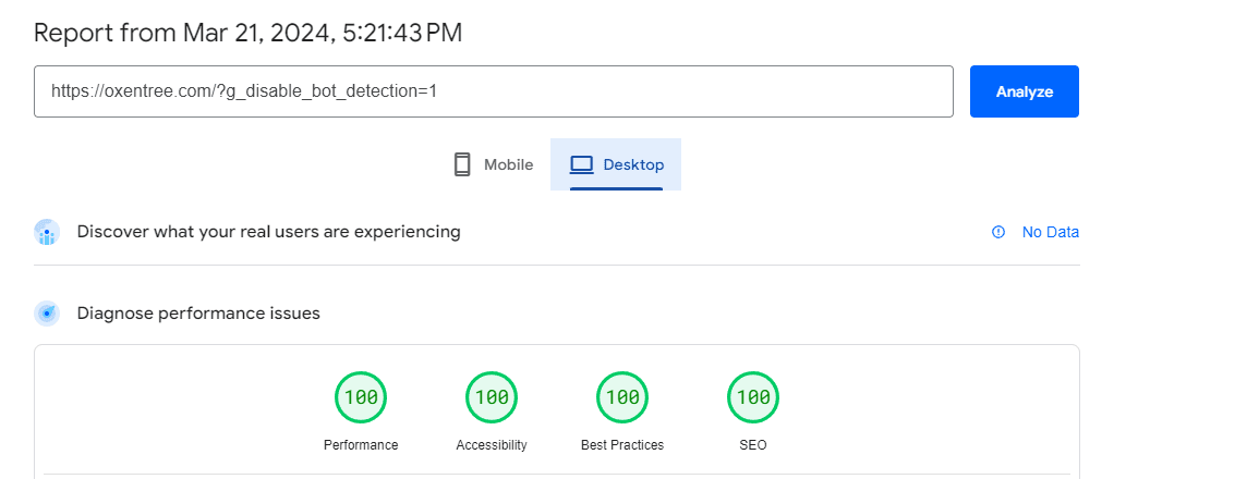 Screenshot of PageSpeed Insights analysis for oxentree.com